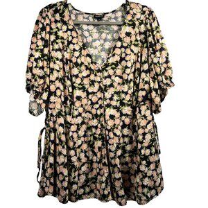 Torrid Women's‎ Plus Babydoll Top Blouse 3X Black Daisy Short Sleeve Button Up